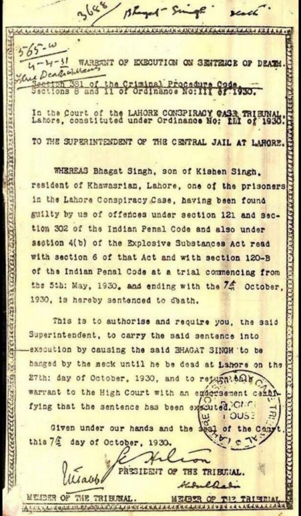 Bhagat Singh Death warrant